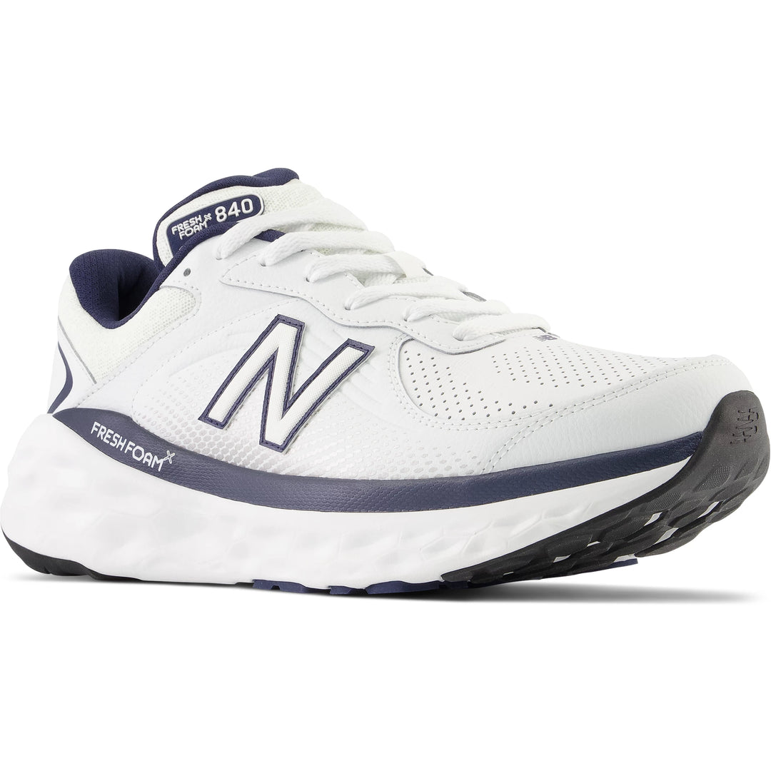 Front angle of New Balance Men's Fresh Foam X 840F walking shoe in White/Team Navy