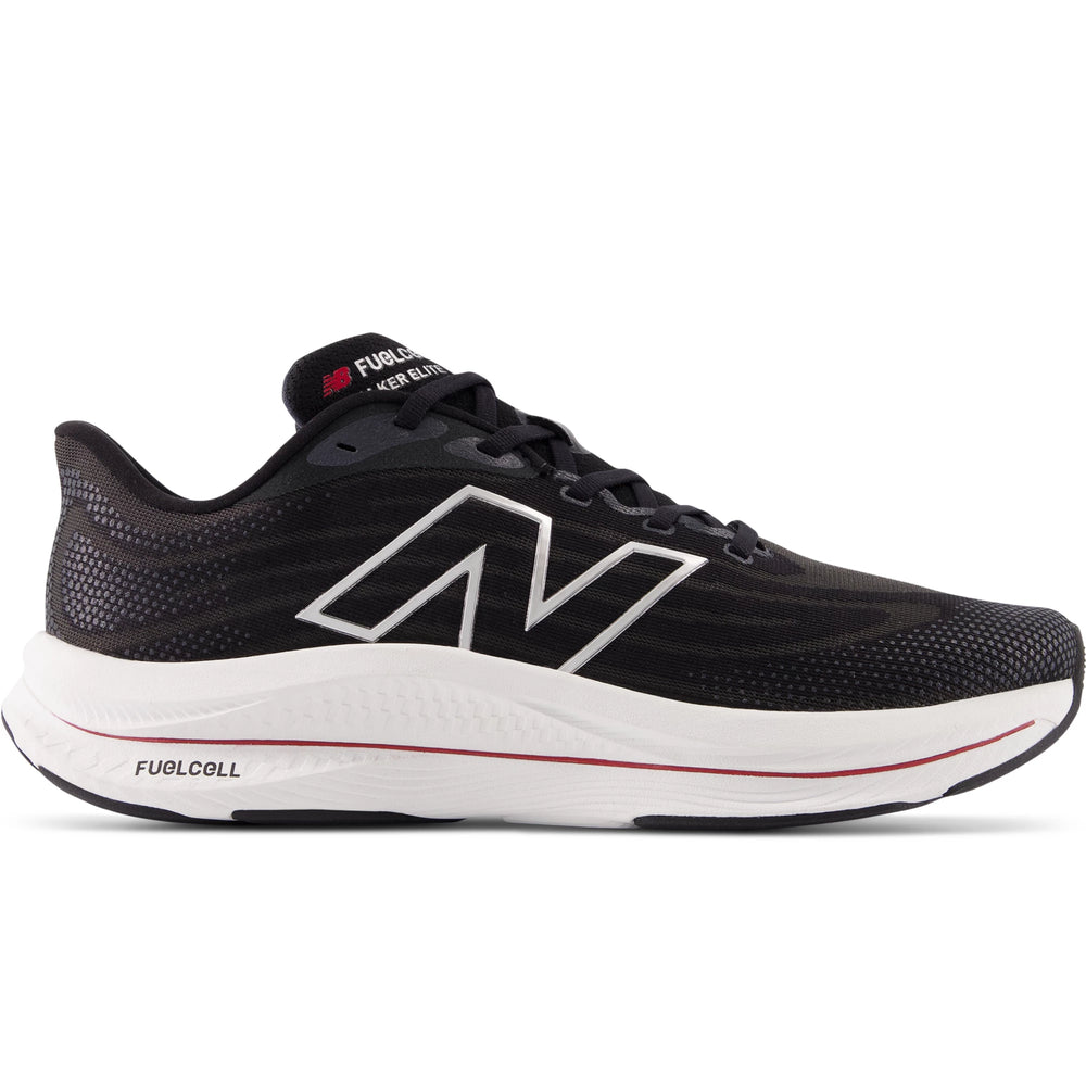 Side of New Balance Men's FuelCell Walker Elite walking shoe in Black/Team Red/Silver