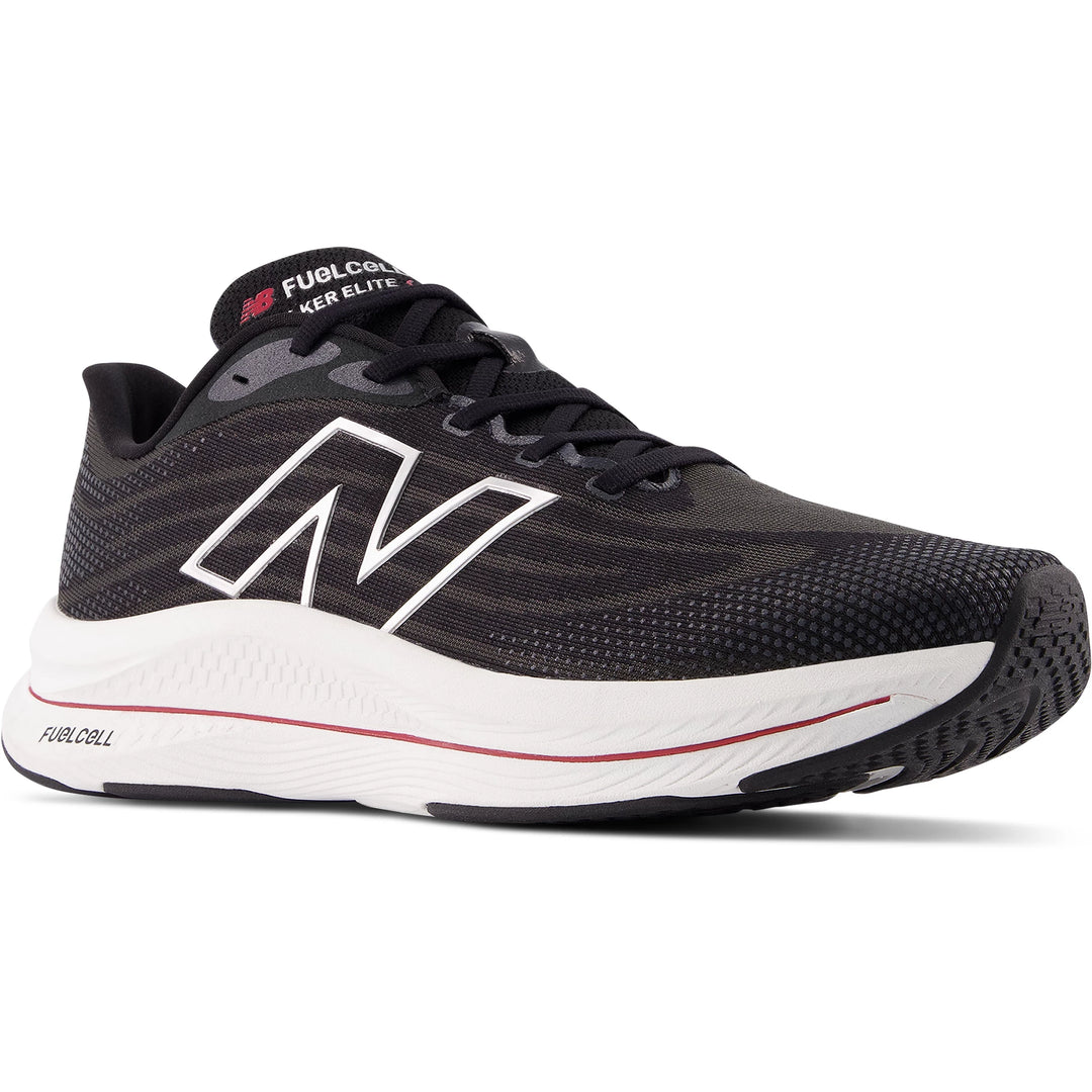 Front angle of New Balance Men's FuelCell Walker Elite walking shoe in Black/Team Red/Silver