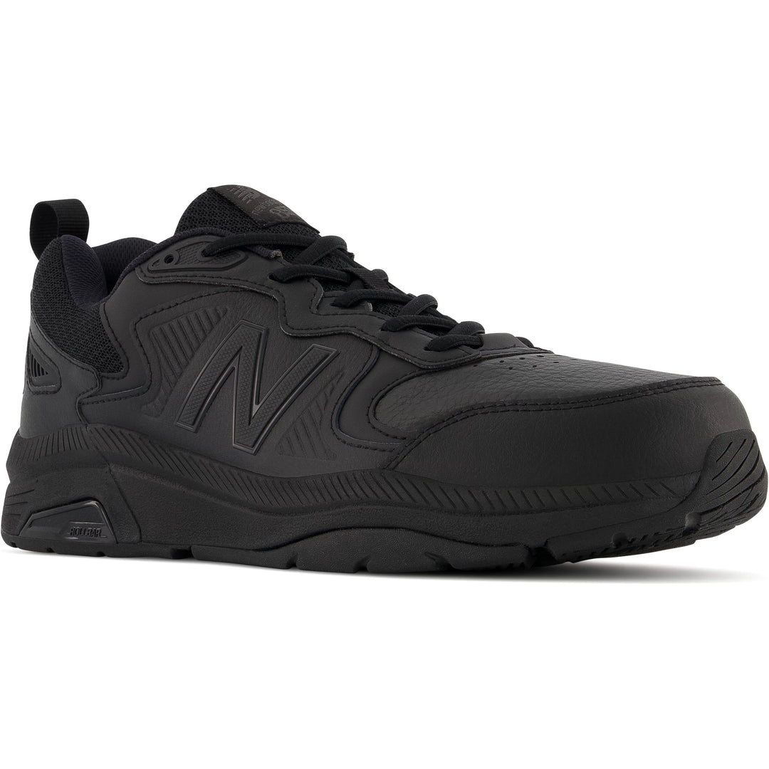 Front angle of New Balance Men's 857 v3 training shoe in Black