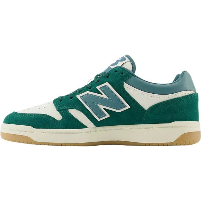 Medial side of New Balance 480 Sneaker, Green and White, Retro-Inspired Design
