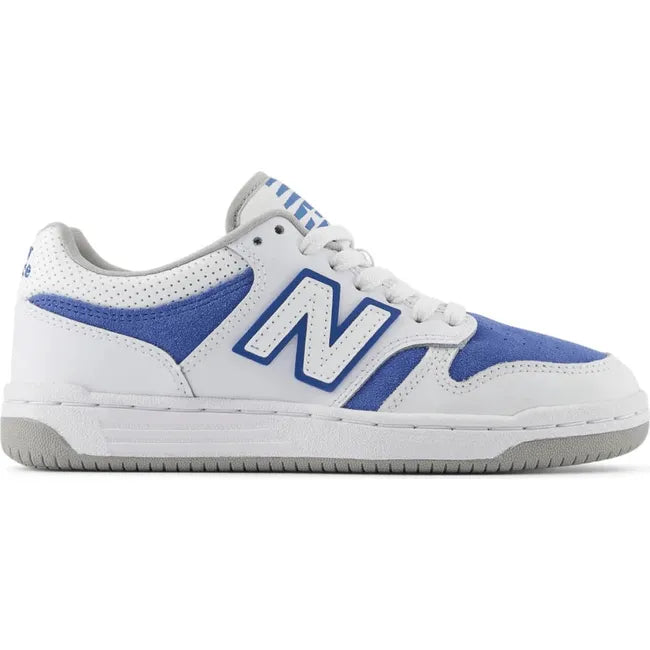 Lateral side of New Balance Big Kids' 480 Lifestyle Shoe in White and Blue 