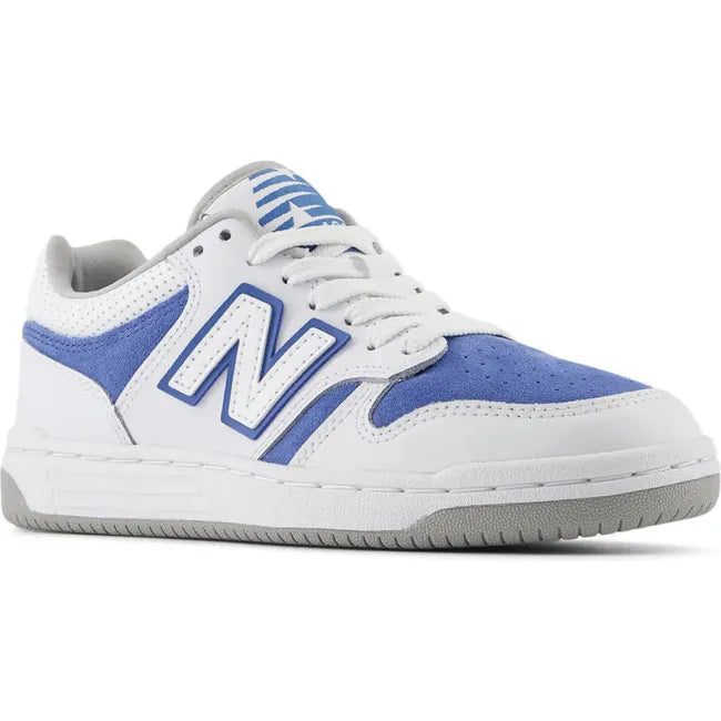 Front angled view of New Balance Big Kids' 480 Lifestyle Shoe in White and Blue