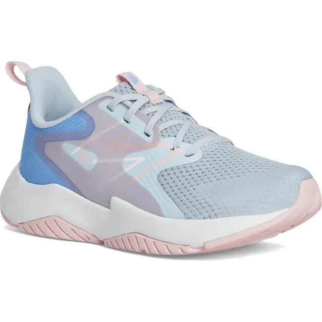 Front angled view of New Balance Big Kids' Rave Run V2 Running Shoe in grey, blue, and pink