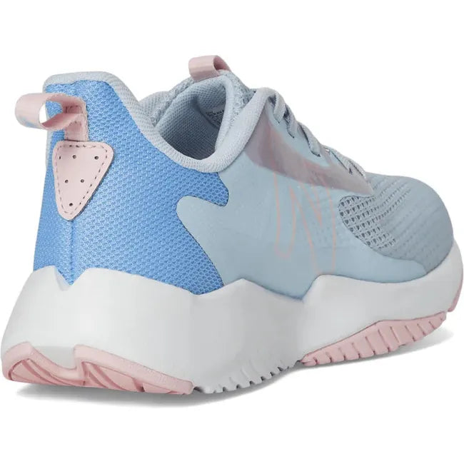 Medial side of New Balance Big Kids' Rave Run V2 Running Shoe in grey, blue, and pink