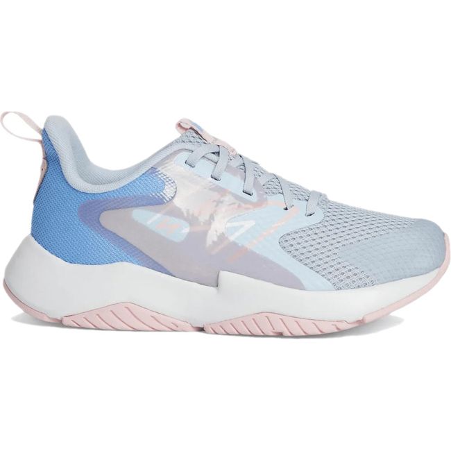 Lateral side of New Balance Big Kids' Rave Run V2 Running Shoe in grey, blue, and pink