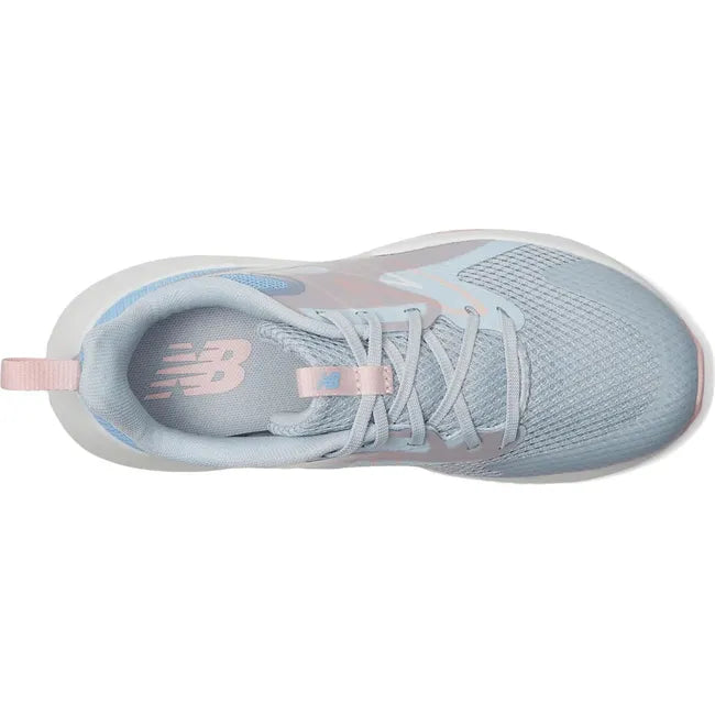 Lace up upper of New Balance Big Kids' Rave Run V2 Running Shoe in grey, blue, and pink