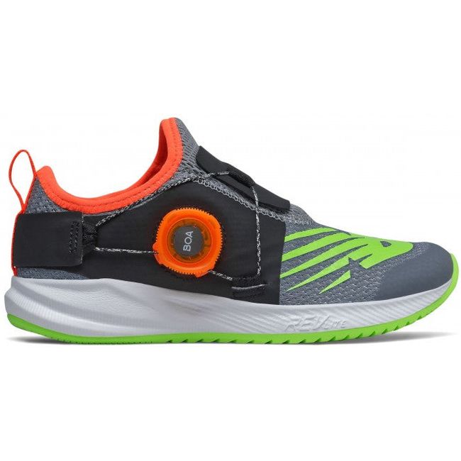Lateral side of New Balance Kids' FuelCore Reveal BOA Running Shoe in Steel Energy Lime