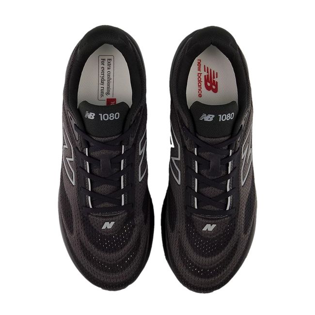 New Balance Men’s 1080 V15 running shoes in black and white, top-down view.