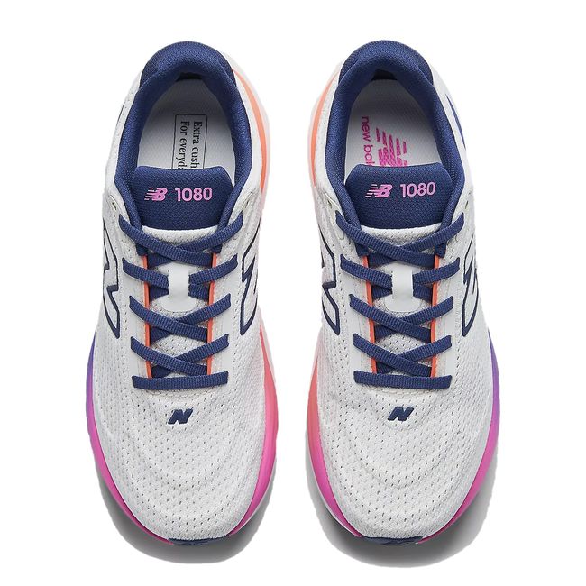 Women’s New Balance 1080 V15 running shoes in sea salt and blue oyster, top-down view