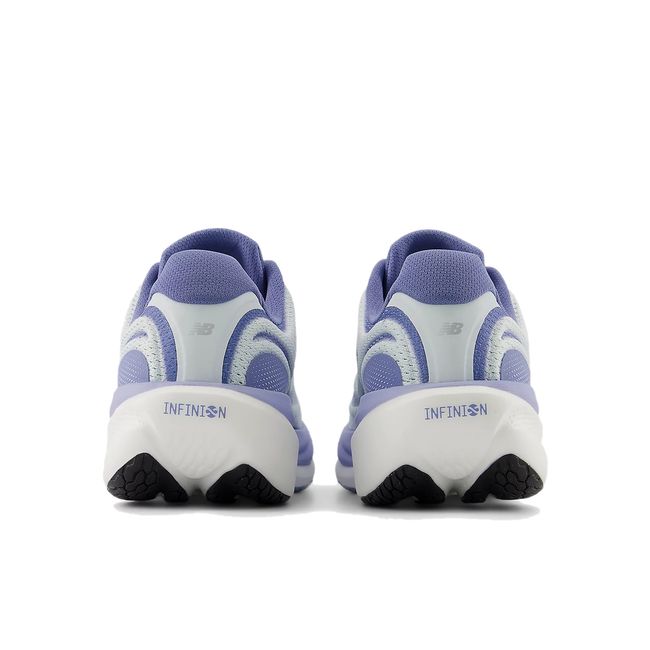 Women’s New Balance 1080 V15 running shoes in light blue and lavender, rear heel view
