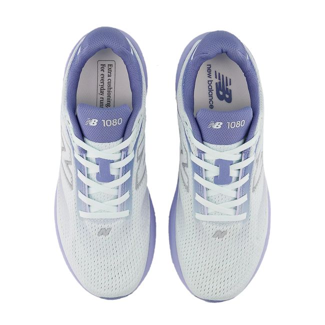 Women’s New Balance 1080 V15 running shoes in light blue and lavender, top-down view
