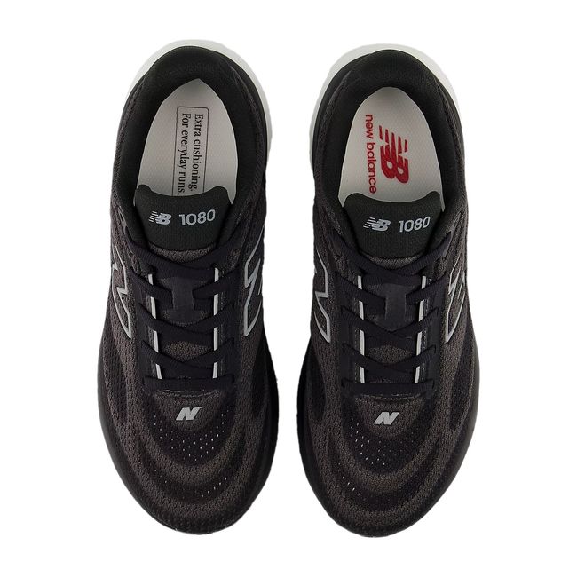 Women’s New Balance 1080 V15 running shoes in black and white, top-down view