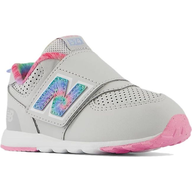 Front angled view of Toddler New Balance 574 Lifestyle Sneaker in Gray and Pink