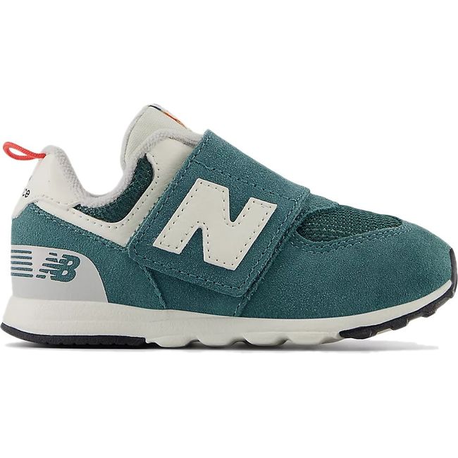 Lateral side of New Balance Infant 574 Lifestyle Shoe in New Spruce green and Blast Red with velcro