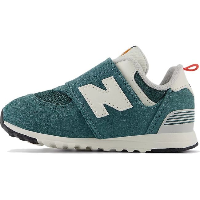 Medial side of New Balance Infant 574 Lifestyle Shoe in New Spruce green and Blast Red with velcro