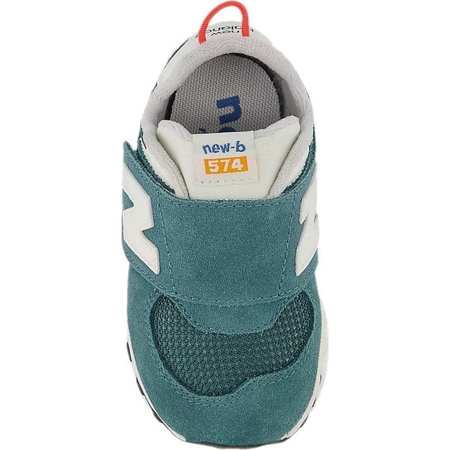 Top down view of New Balance Infant 574 Lifestyle Shoe in New Spruce green and Blast Red with velcro