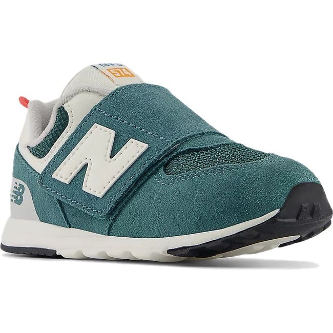 Front angled view of New Balance Infant 574 Lifestyle Shoe in New Spruce and Blast Red with velcro
