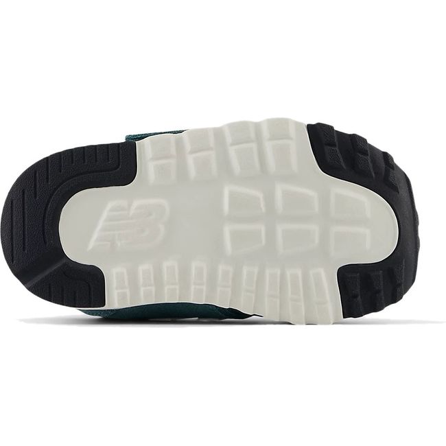 Sole of New Balance Infant 574 Lifestyle Shoe in New Spruce green and Blast Red with white sole
