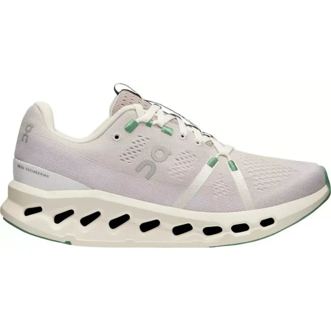 Lateral side view of a white On Running On Cloud Cloudsurfer running shoe with mint green details