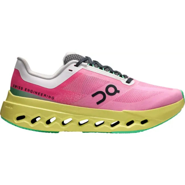 Lateral side of On Running Women's Cloudsurfer Next Running Shoe in pink limelight