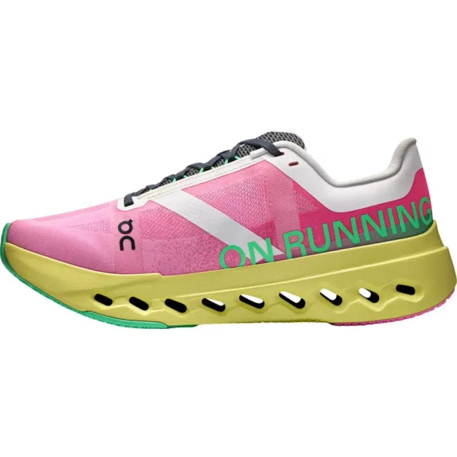 Medial side of On Running Women's Cloudsurfer Next Running Shoe in pink limelight