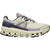 Lateral side of On Cloud Cloudvista 2 trail running shoes in light beige with navy/purple accents