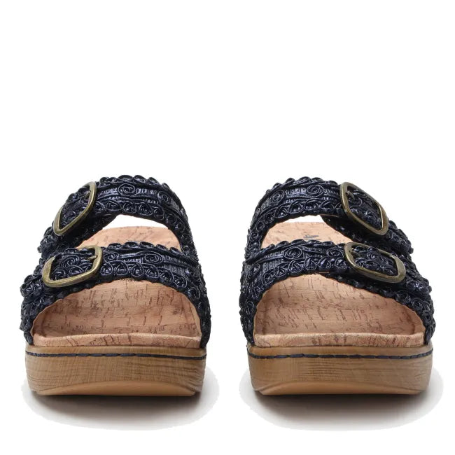 Alegria Oona Slide Sandal in Fancy Navy - front angle view