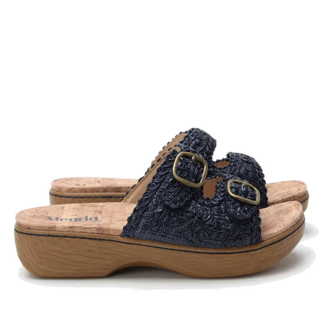 Alegria Oona Slide Sandal in Fancy Navy - lateral view