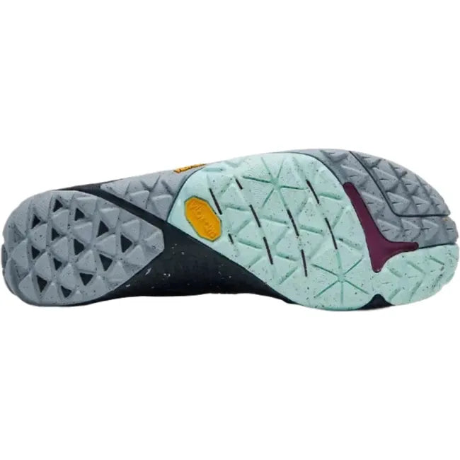 Sole view of a pair of Merrell Women&#39;s Trail Glove 6 Running Shoes featuring the zero drop gray and light blue textured Vibram TC5+ rubber outsole designed for traction and durability.
