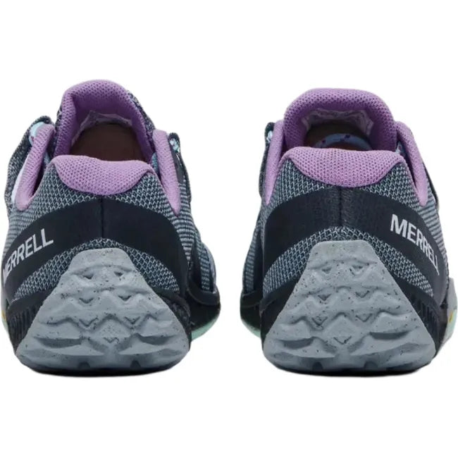 Heel view of a pair of Merrell Women&#39;s Trail Glove 6 Running Shoes showing gray recycled mesh upper, purple inner lining, and minimalist design with durable heel support.