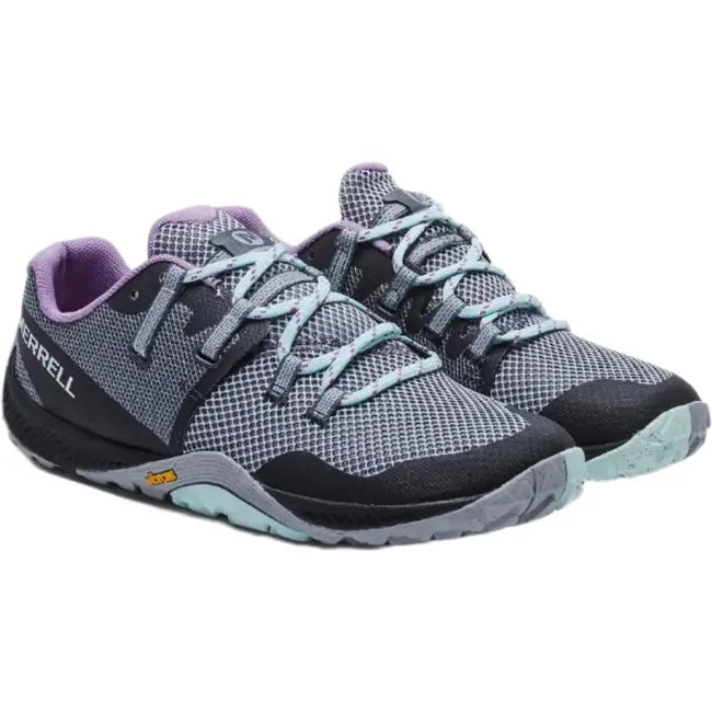 Front angled view of a pair of Merrell Women&#39;s Trail Glove 6 Running Shoes showing gray recycled mesh upper, purple inner lining, light blue laces, and natural foot-shaped toe design.