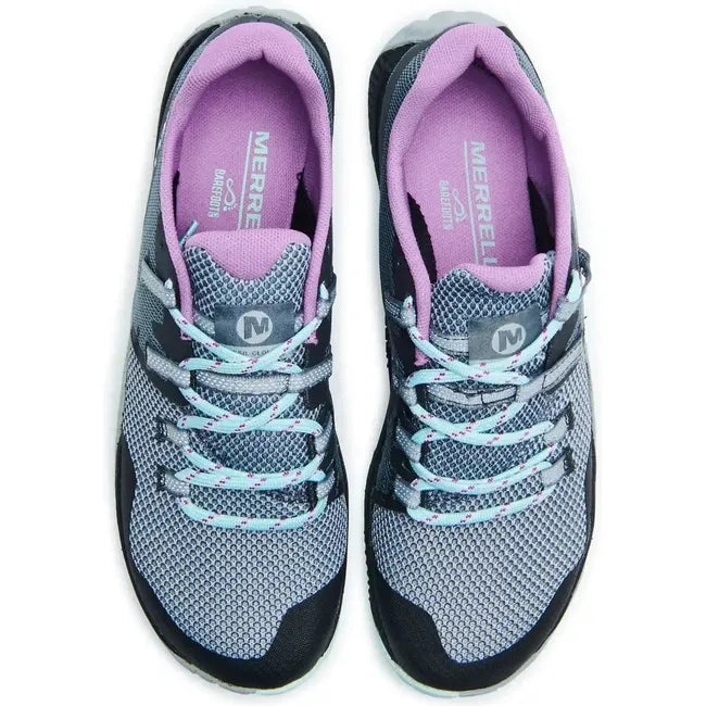 Top view of a pair of Merrell Women&#39;s Trail Glove 6 Running Shoe showing the gray recycled mesh upper, purple innerlining, light blue streamlined lacing, and natural foot-shaped design.