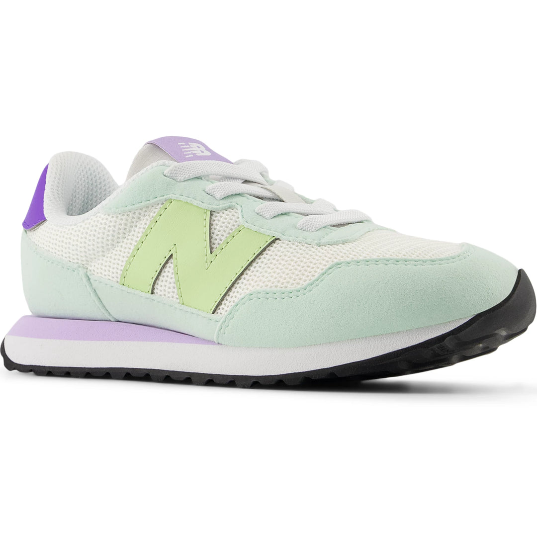 Front angle of New Balance Kids' 237 sneaker in White/Green