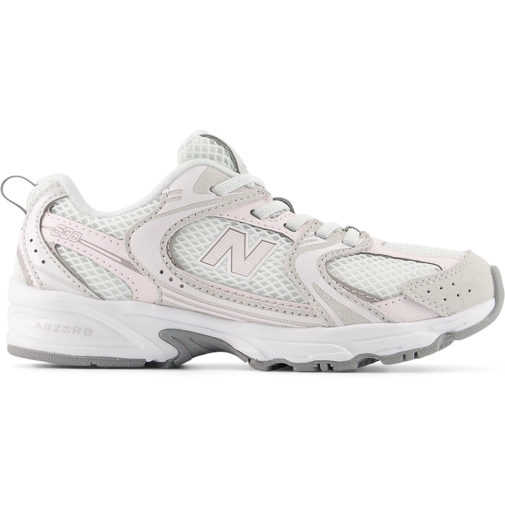 Side of New Balance Kids' 530 sneaker in Grey Matter/Pink Salt
