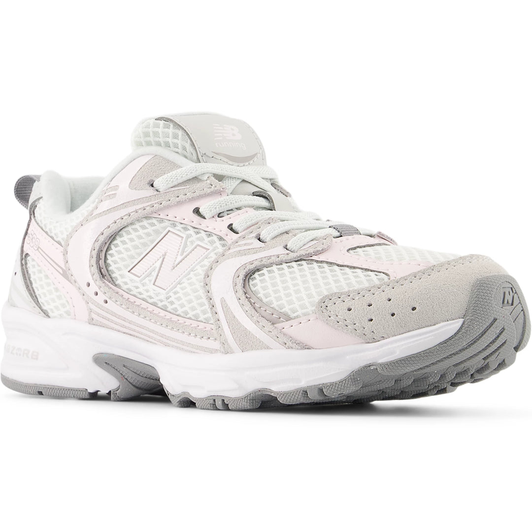 Front angle of New Balance Kids' 530 sneaker in Grey Matter/Pink Salt