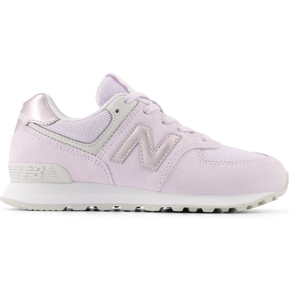 Side of New Balance Kids' 574 sneaker in Taro/Pink Salt