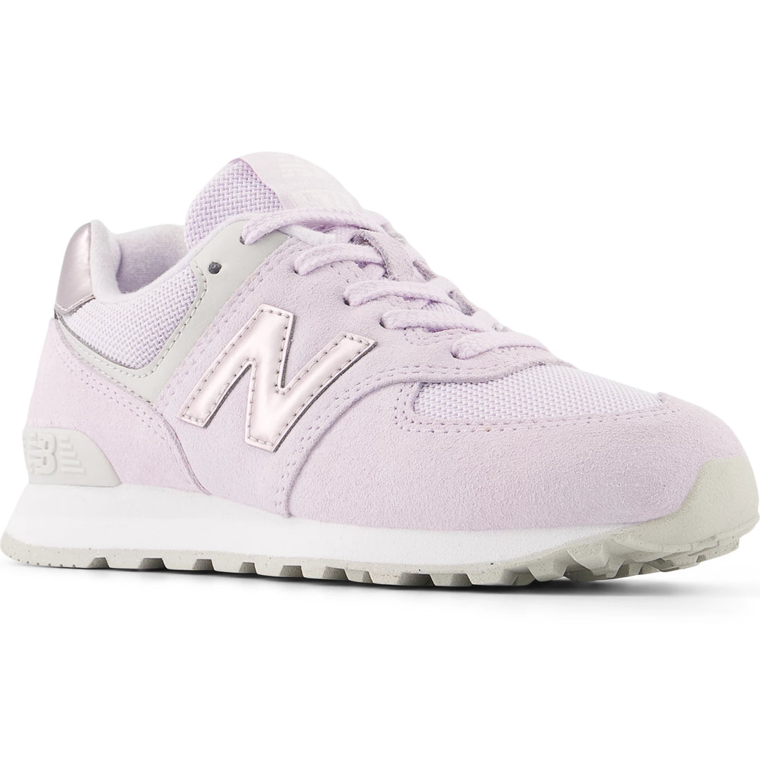 Front angle of New Balance Kids' 574 sneaker in Taro/Pink Salt