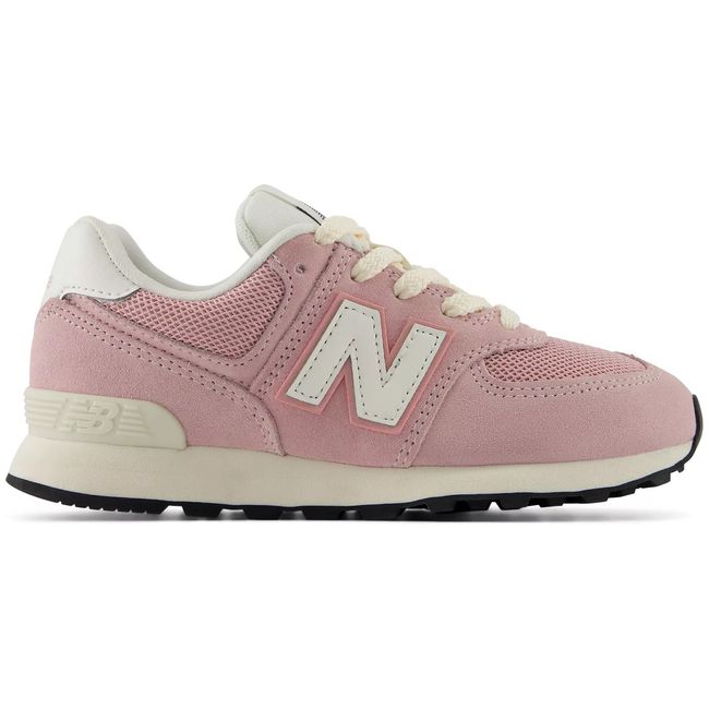 New Balance 574 kids sneaker in soft pink suede with a cream midsole, lateral view