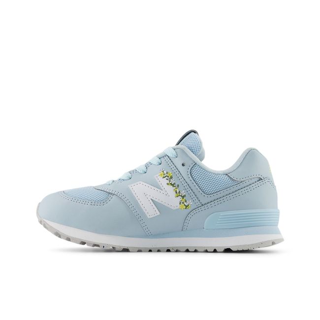 Medial profile of New Balance Kids' 574 Lace in sky blue and sunburst yellow