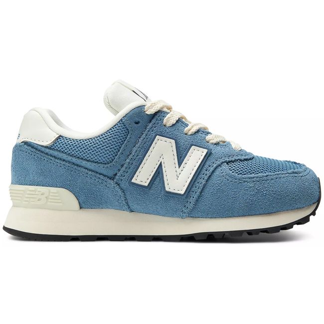 New Balance 574 kids sneaker in dusty blue suede with a cream midsole