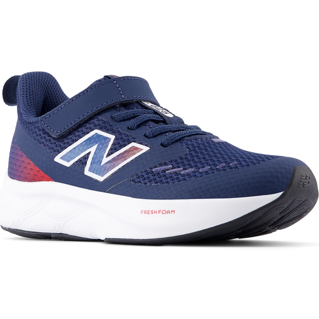 Front angle of New Balance Kids' Fresh Foam 625 running shoe in NB Navy/Team Red/Team Royal