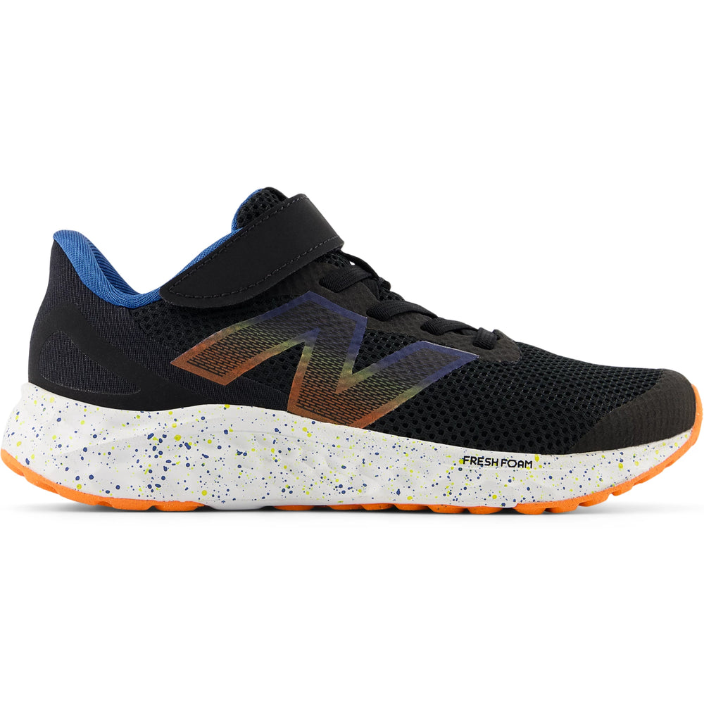 Side of New Balance Kids' Fresh Foam Arishi v4 running shoe in Black/Blue Agate/Blaze Orange
