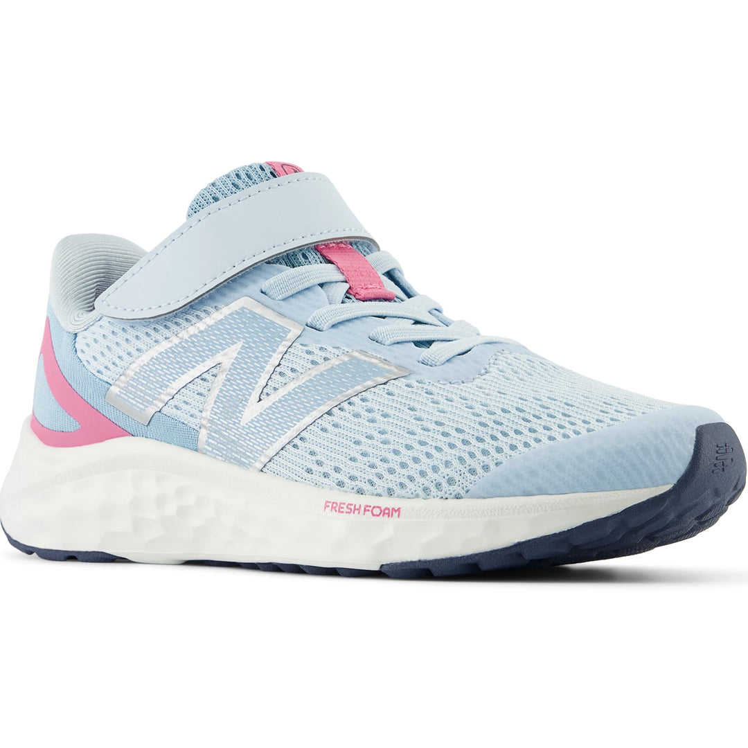 Front angle of New Balance Kids' Fresh Foam Arishi v4 running shoe in Quarry Blue/Real Pink/Chrome Blue
