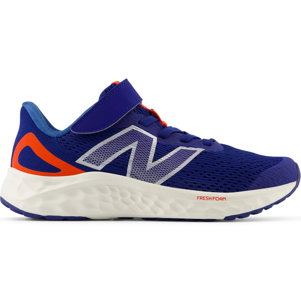 Side of New Balance Kids' Fresh Foam Arishi v4 running shoe in Inkwell/Neo Flame/Silver Metallic
