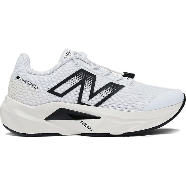 Lateral side of New Balance Little Kids' FuelCell Propel V5 Running Shoe in White Black and Linen