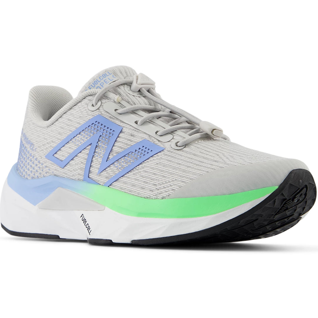 Front angle of New Balance Kids' FuelCell Propel v5 running shoe in Grey Matter/Electric Sky/Electric Jade
