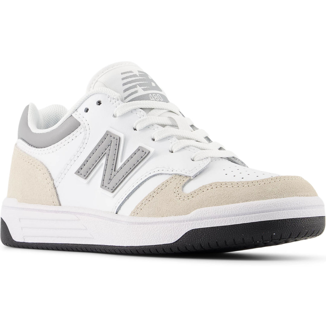 Front angle of New Balance Kids' 480 sneaker in White/Beige/Grey