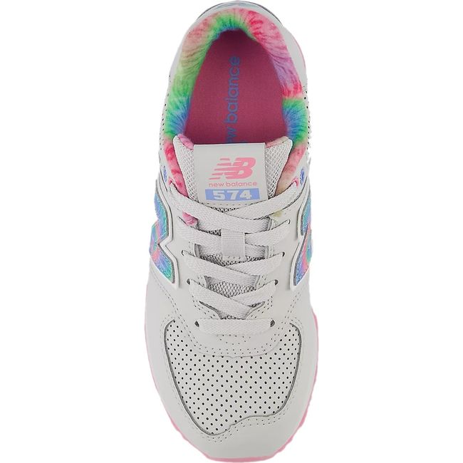 Lace up upper of Little Kids New Balance 574 Lifestyle Sneaker in Gray and Pink