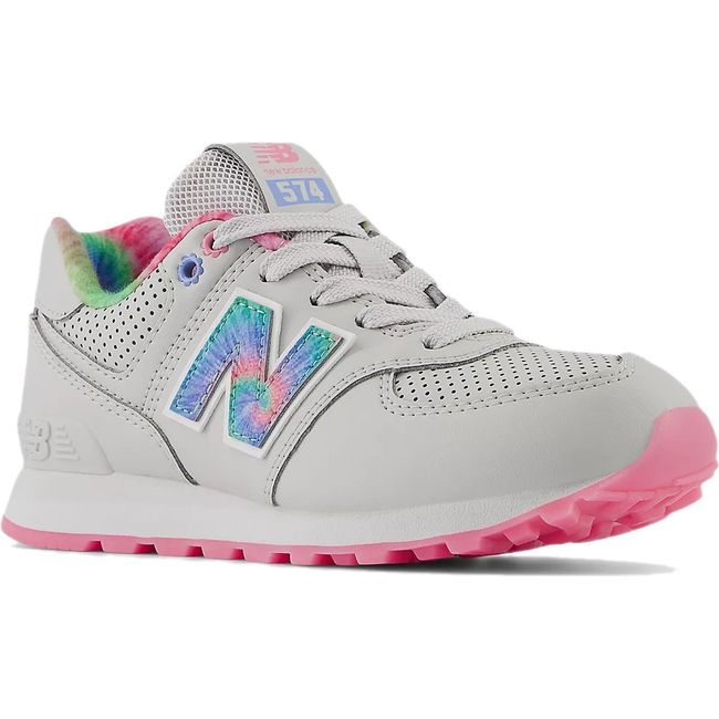 Front angled view of Little Kids New Balance 574 Lifestyle Sneaker in Gray and Pink